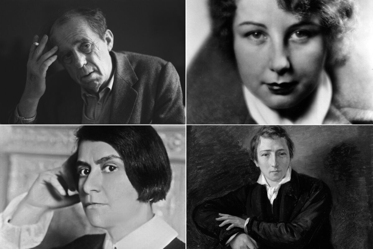 Collage mit Fotos von Heinrich Böll, Irmgard Keun, Else Lasker-Schüler und Heinrich Heine