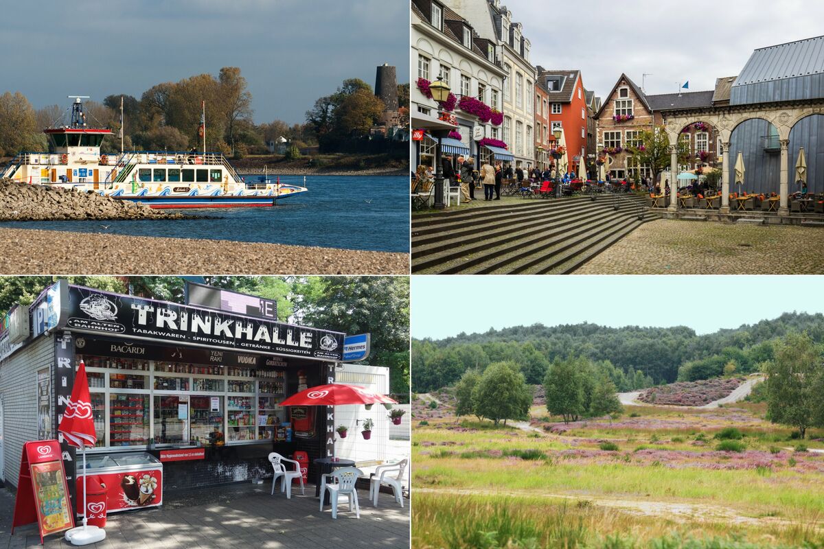Collage verschiedener Ort im Rheinland, u.a. eine Rheinfähre und ein Kiosk