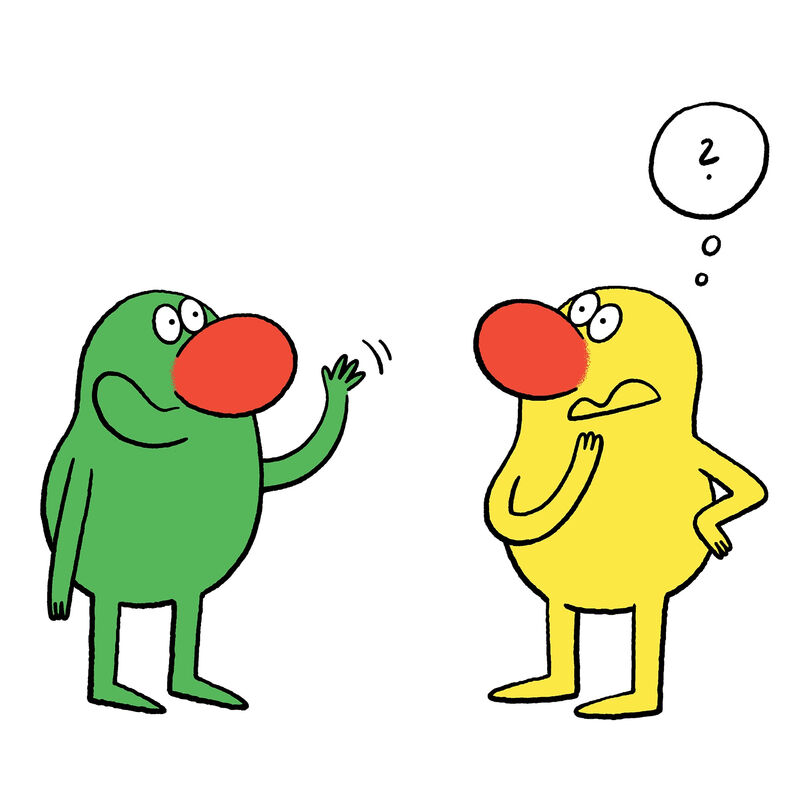 Illustration zweier Figuren, die miteinander sprechen, eine davon mit einem Fragezeichen über dem Kopf.