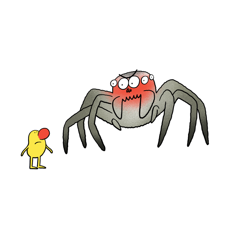 Illustration einer großen Spinne, die vor einem Männlein steht